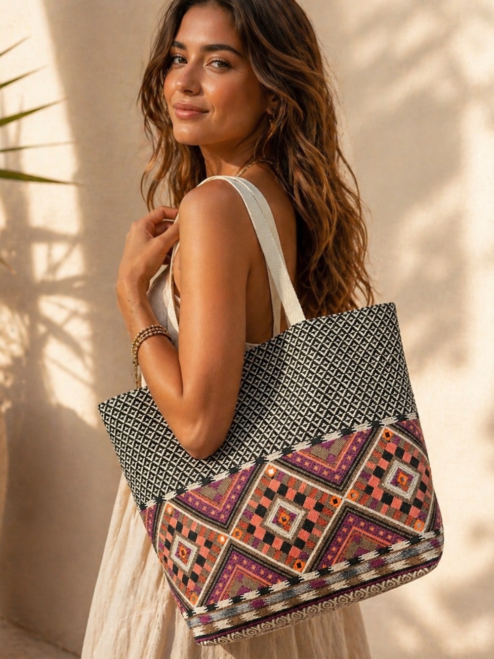 Boho Aztec Tote Bag Tribal Geometric Shoulder Bag Southwestern Beach
